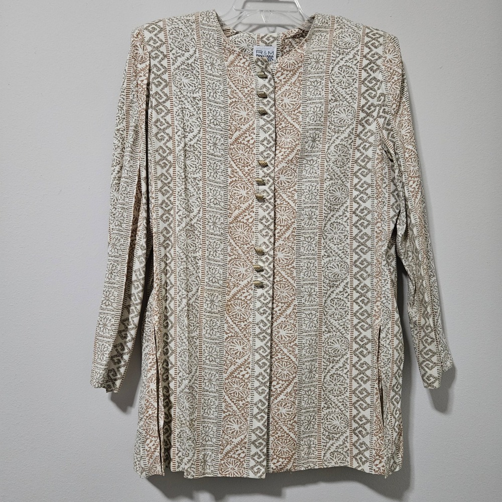 R&M Richards Karen Kwong Vintage Tunic Top Medallion Print Gold Buttons 12P